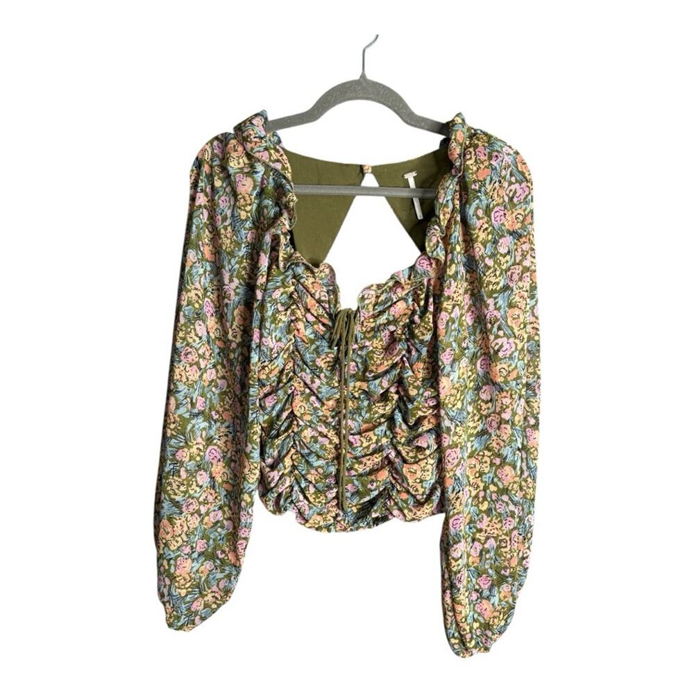 Free People Green Pink Floral Long Sleeve Cinched Blouse Back Cutout S